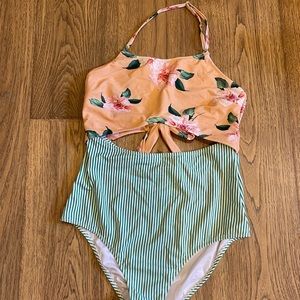Cupshe Pink Floral And Green Striped One-piece Swimsuit
